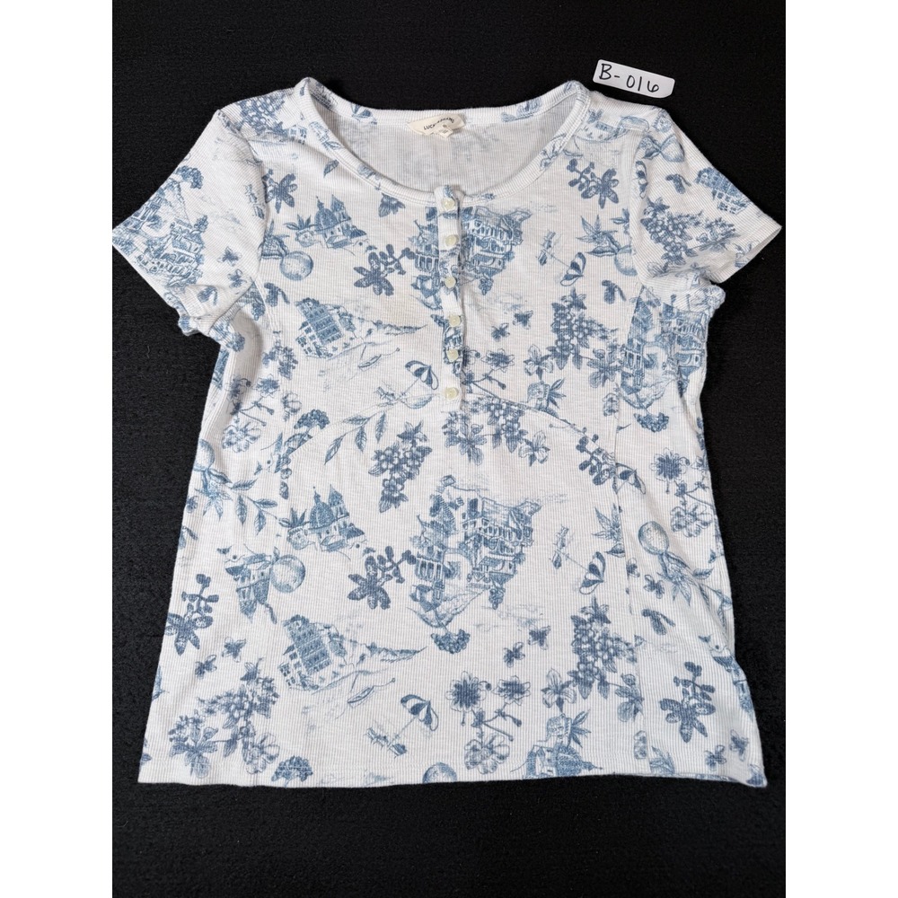 Lucky Brand Womens Blue White Toile Floral Ribbed Henley Short Sleeve Top Large